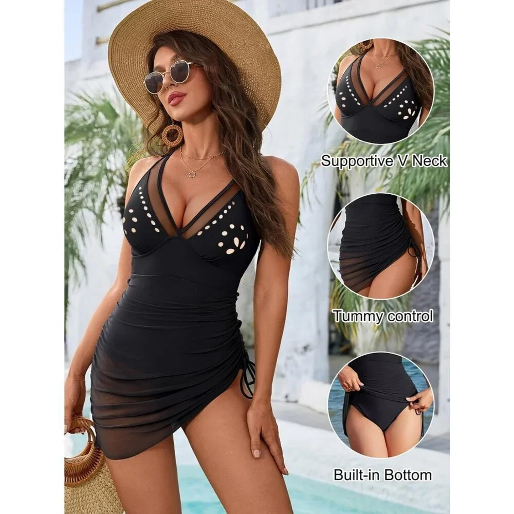 Womens Blooming Jelly Black One Piece Swim Dress with Tummy Control
